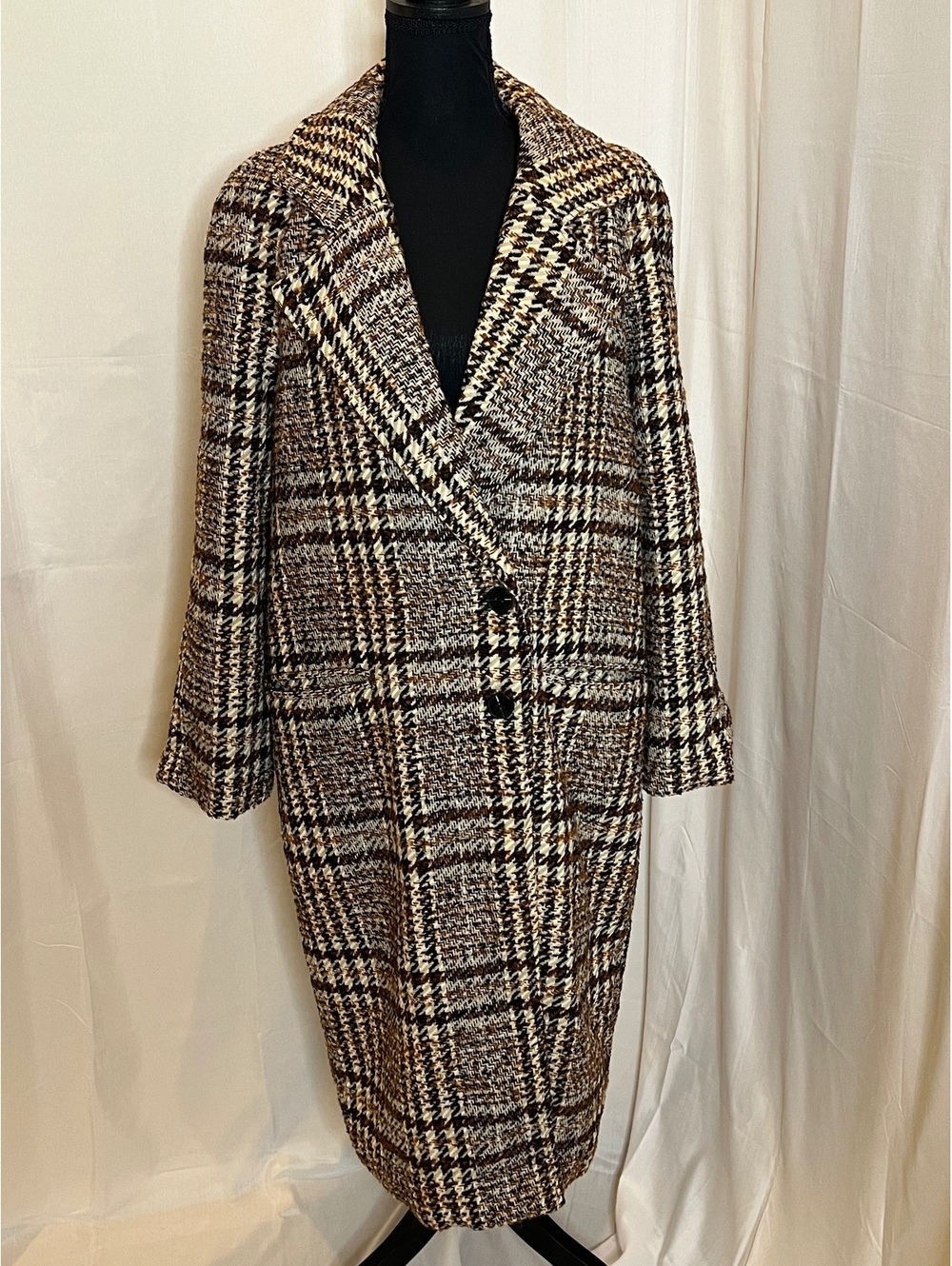 Avec Les Filles Plaid Raglan Seam Longline Coat Brown Tweed Wool Blend Large